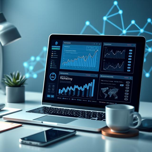 AI-powered digital marketing tools with graphs, charts, and content creation elements on a laptop and smartphone, symbolizing modern business innovation.