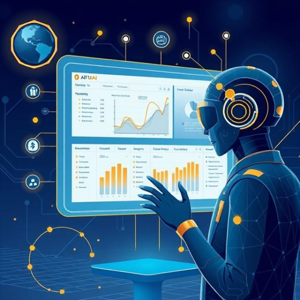 Illustration of an AI-powered automation dashboard analyzing business data and workflow optimizations.