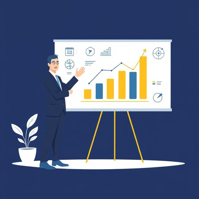 Illustration of a business leader presenting a growth chart with rising statistics and strategic planning icons.