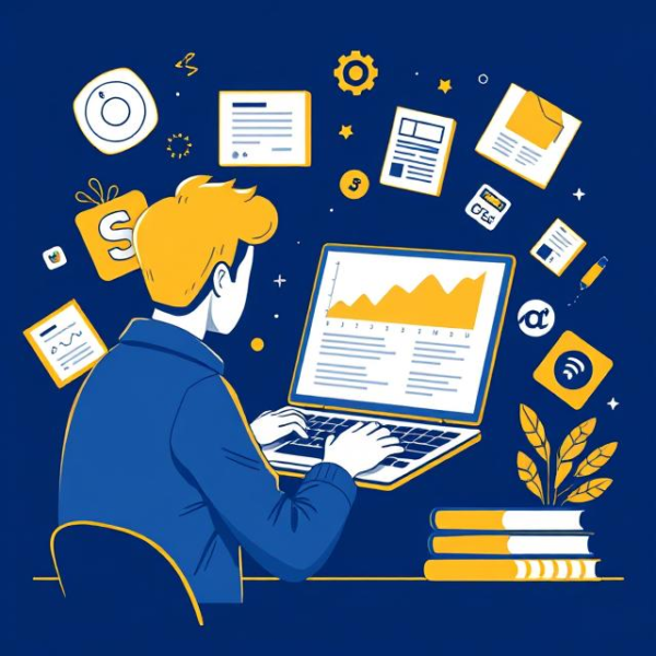 Illustration of a content creator working on SEO-driven articles with keyword analytics floating around.