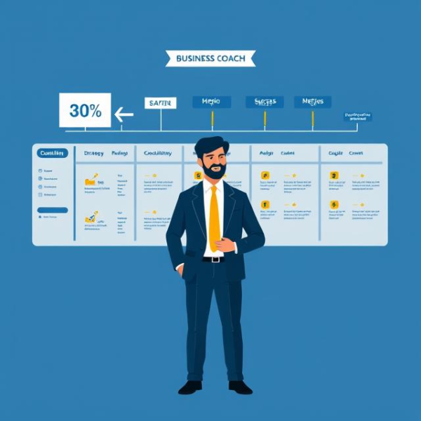 Illustration of a business coach mentoring a client with a strategy roadmap and consulting framework in the background.