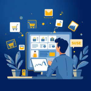 Illustration of an online store interface with floating shopping cart and order tracking icons.