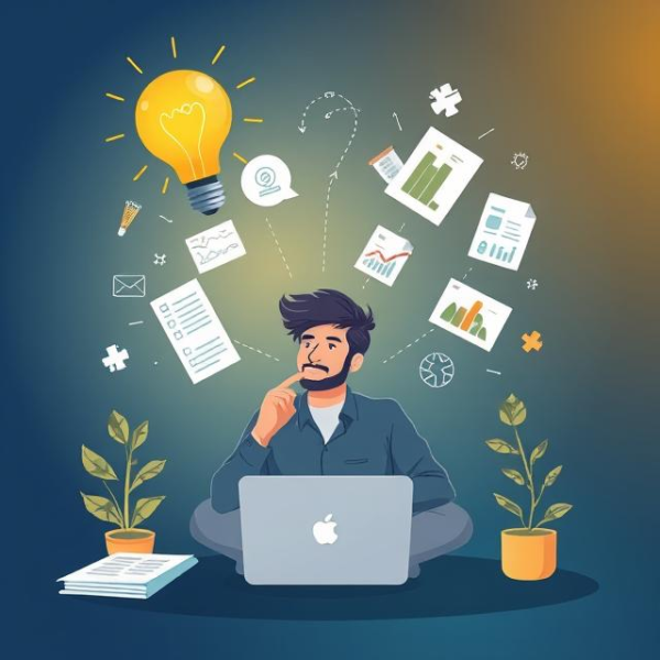 Illustration of an entrepreneur brainstorming startup ideas, with a glowing lightbulb and innovation-related icons.