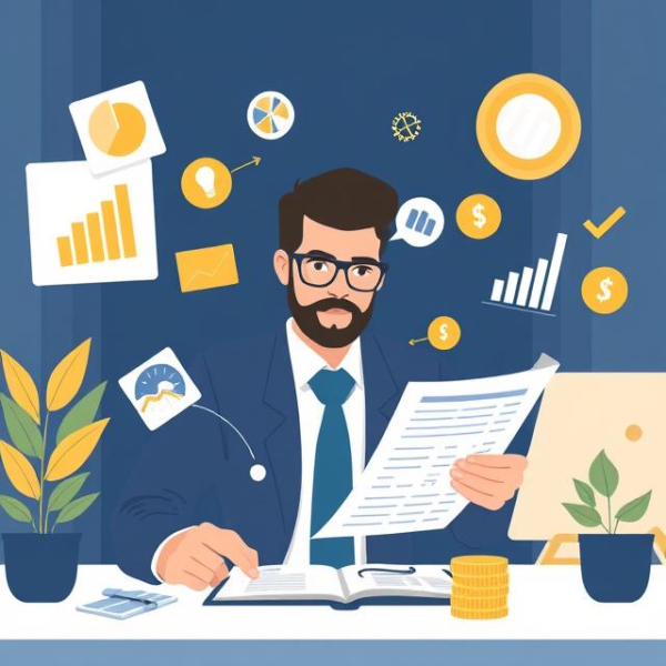 Illustration of a financial analyst reviewing reports with budgeting icons and revenue charts in a modern workspace.