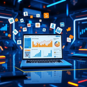 Illustration of a team analyzing marketing strategies on digital screens with social media icons and analytics charts.