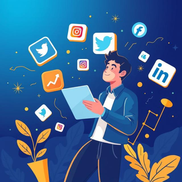 Illustration of a marketer creating content on a smartphone, with floating social media icons and engagement metrics.