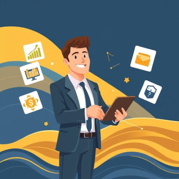 Illustration of a business professional shaking hands with a client, surrounded by sales growth icons and customer engagement analytics.