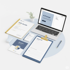 Flat lay of a digital product kit titled "AI Personas for B2B Marketing – Builder Kit", showing a printed guide, persona template, and a laptop with AI prompts on screen.