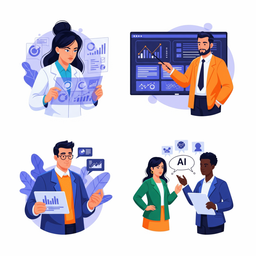 Four illustrations representing AI personas for B2B marketing, showing data analysis, strategy, and collaboration.